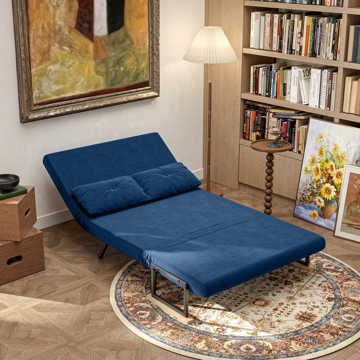 3 in 1 Velvet Fabric Sofa Bed with Adjustable Backrest and 2 Cushions, 102x73x81 cm, Blue