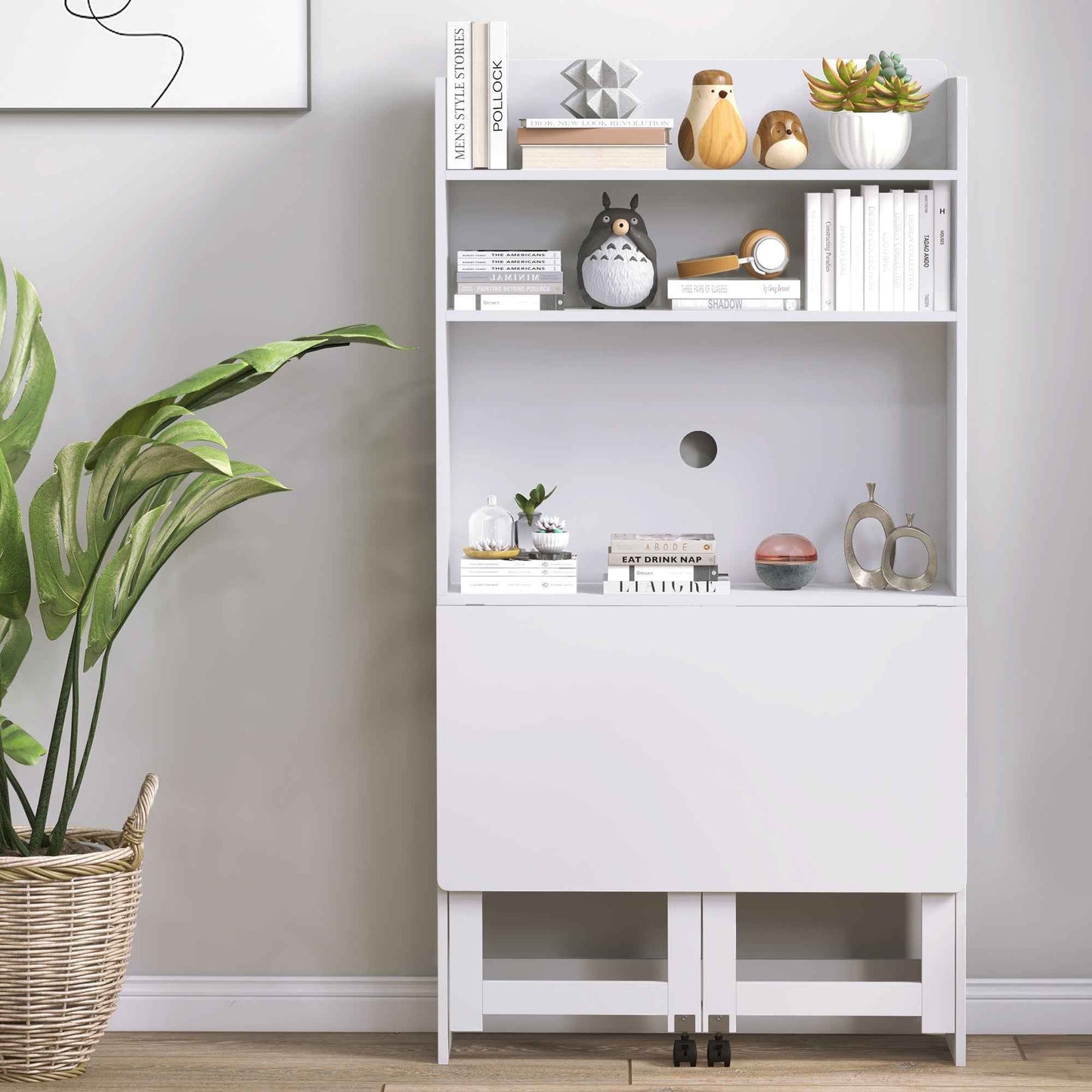Folding Desk with 4-Tier Bookcase, 2 Wheels and Cable Hole, 80x69x155 cm, White