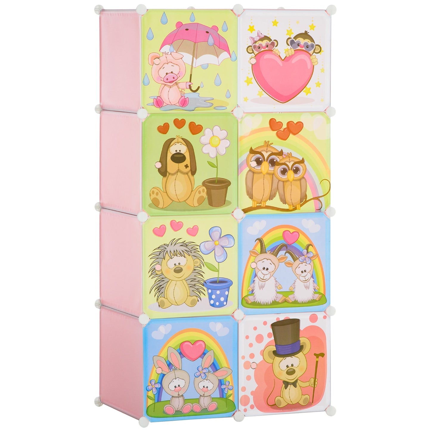 Mobile Mobile Modular Space Modular With Interior Animal Drawings, 8 cubes 35x45x35cm Plastic PP and steel, 74x47x144cm, Rosa