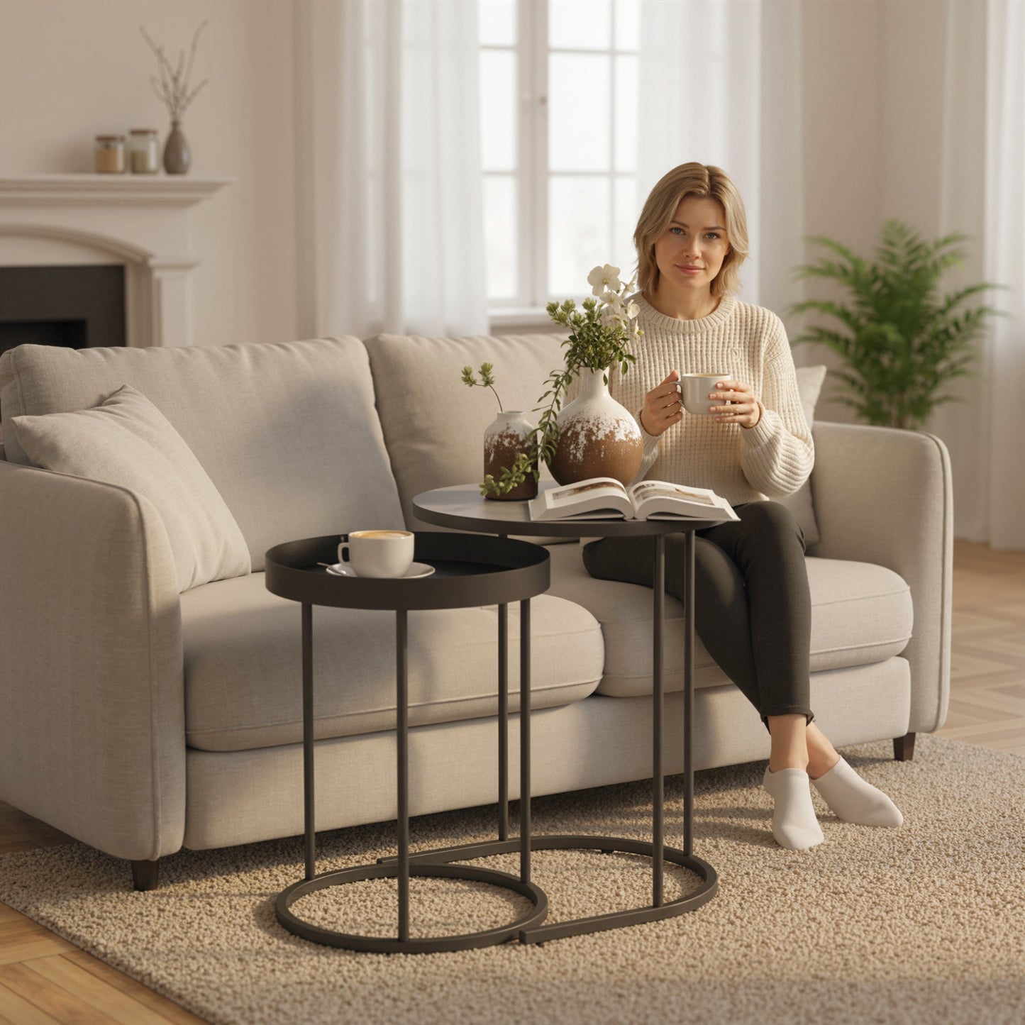 Set of 2 Industrial Style Stackable Coffee Tables, Wood and Metal, Ø42x54 cm and Ø36.5x48.5 cm, Grey and Black