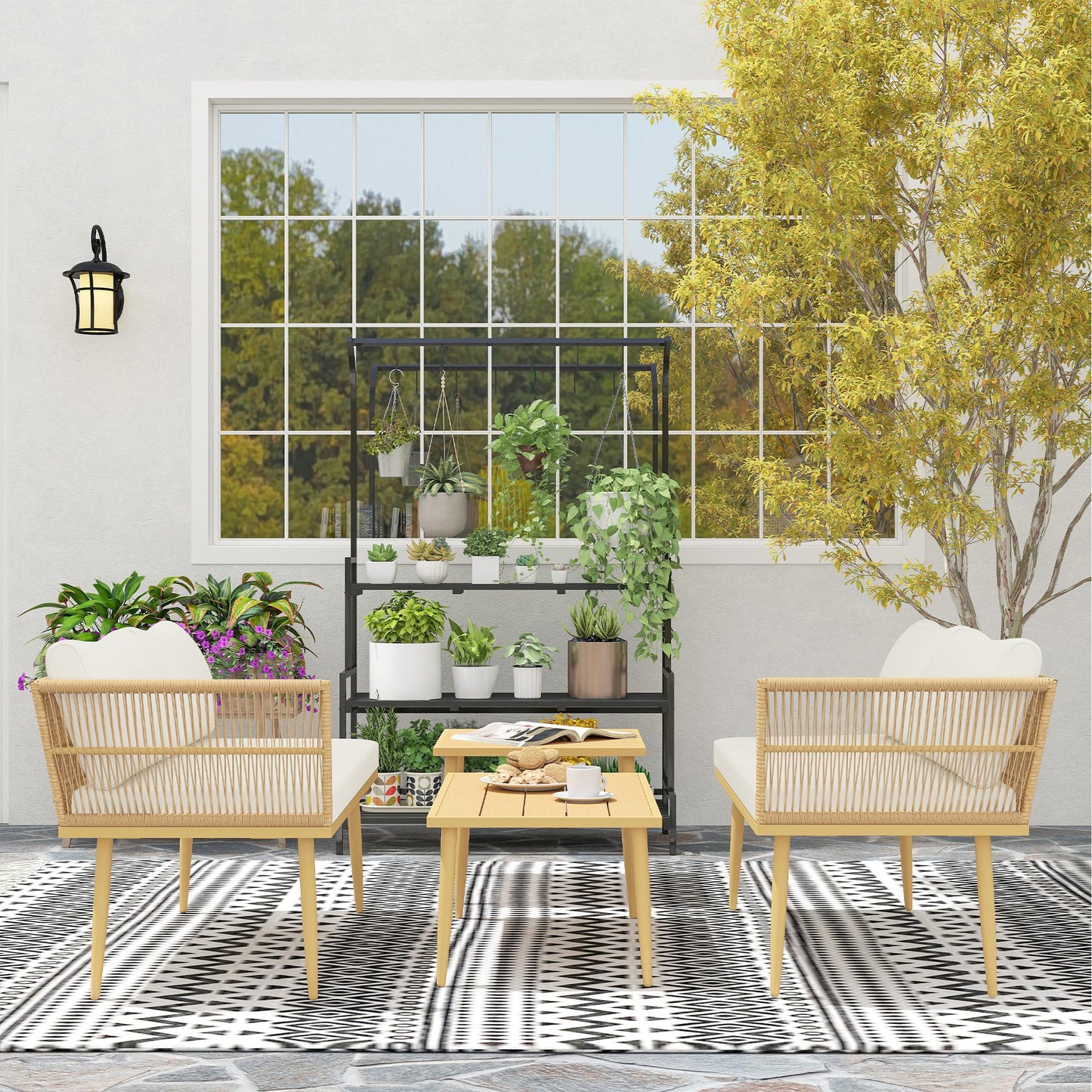 PE Rattan Outdoor Lounge Set with 2 2-Seater Sofas with Cushions and 2 Coffee Tables, Wood Color