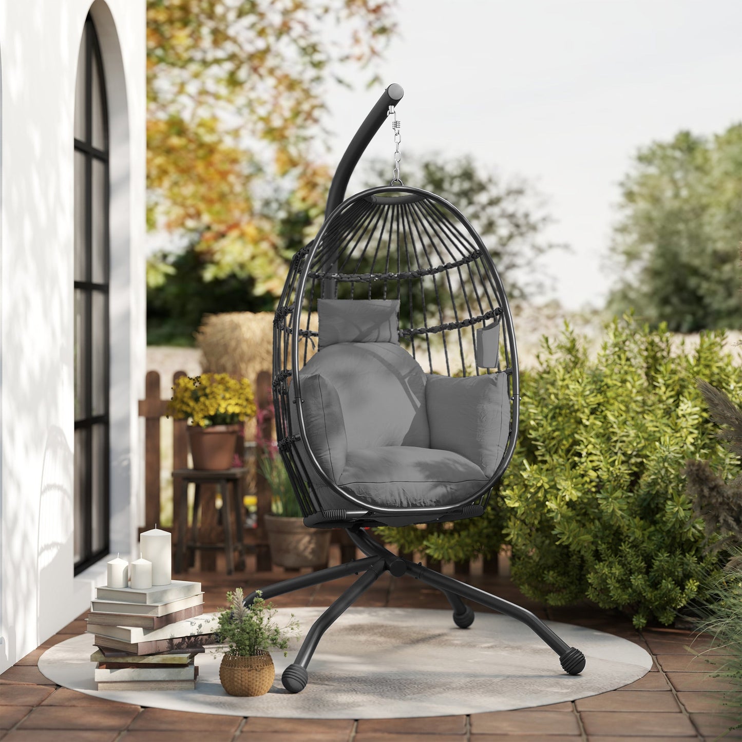Hanging Egg Chair with Adjustable Hook, 2 Cushions and Basket, Steel, 120x88x192 cm, Black and Grey