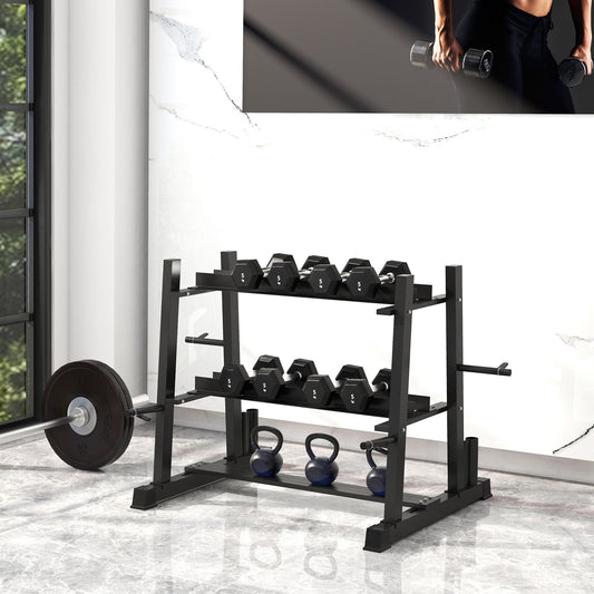 SportNow rack for steel dumbbells with 4 adjustable weights for weights and kettlebell, 131x75x80 cm, black
