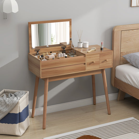 Wooden Dressing Table with LED Mirror and Storage, 100x40x87 cm