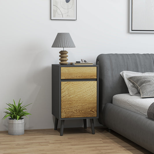 Modern Handleless Nightstand with Drawer and Cabinet, 40x39x69 cm, Dark Grey and Wood