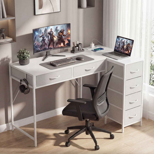 Corner Desk with 6 Drawers, Side Hook and Integrated Sockets, Wood and Steel, 126x48x80 cm, White
