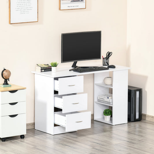 Computer Desk with 3 Drawers and 3 Shelves, Wooden Desk for Bedroom and Office 120x49x72cm White