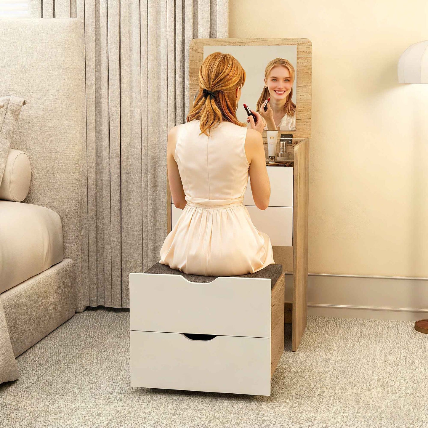 3-in-1 Dressing Table with Mirror, Storage, 2 Drawers and Stool, Wooden, 50x40x78 cm, White and Oak