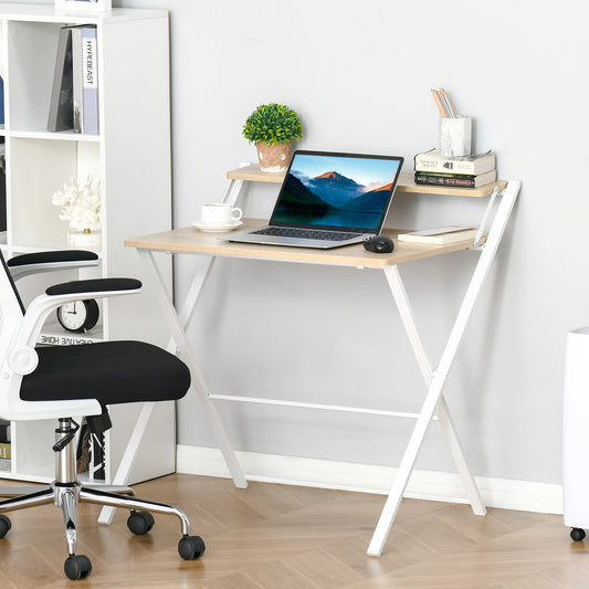 Folding Desk Space with Superior Shelf for Room and Office, 81.5x70x84cm, Wood and White Color
