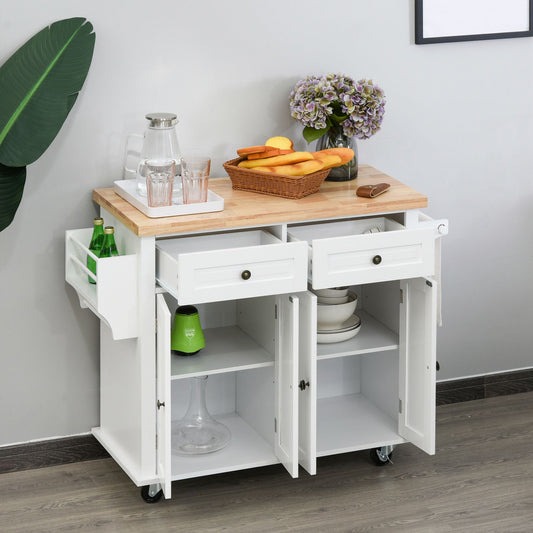 Kitchen Trolley with 2 Drawers and 2 Cabinets, Kitchen Island with Wooden Top, Spice Rack and Tea Towel Holder, White