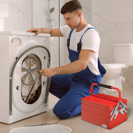 Folding Metal Tool Box with 5 Trays, 3 Shelves, Red