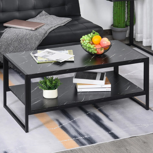 Modern Black Marble Coffee Table with Steel Frame and Storage Shelf