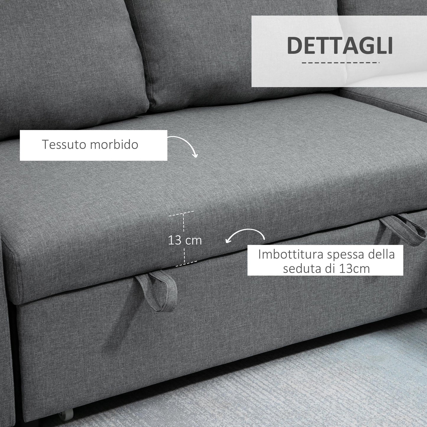 sofa bed 3 seats and peninsula with container, linen effect fabric covering, 211.5x146x85cm