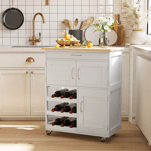 Kitchen Trolley with Bottle Holder, 3 Doors, 4 Wheels and Drawer, Space-Saving Kitchen Cabinet for Microwave and Spices in Wood, 67x37x87 cm, White and Oak