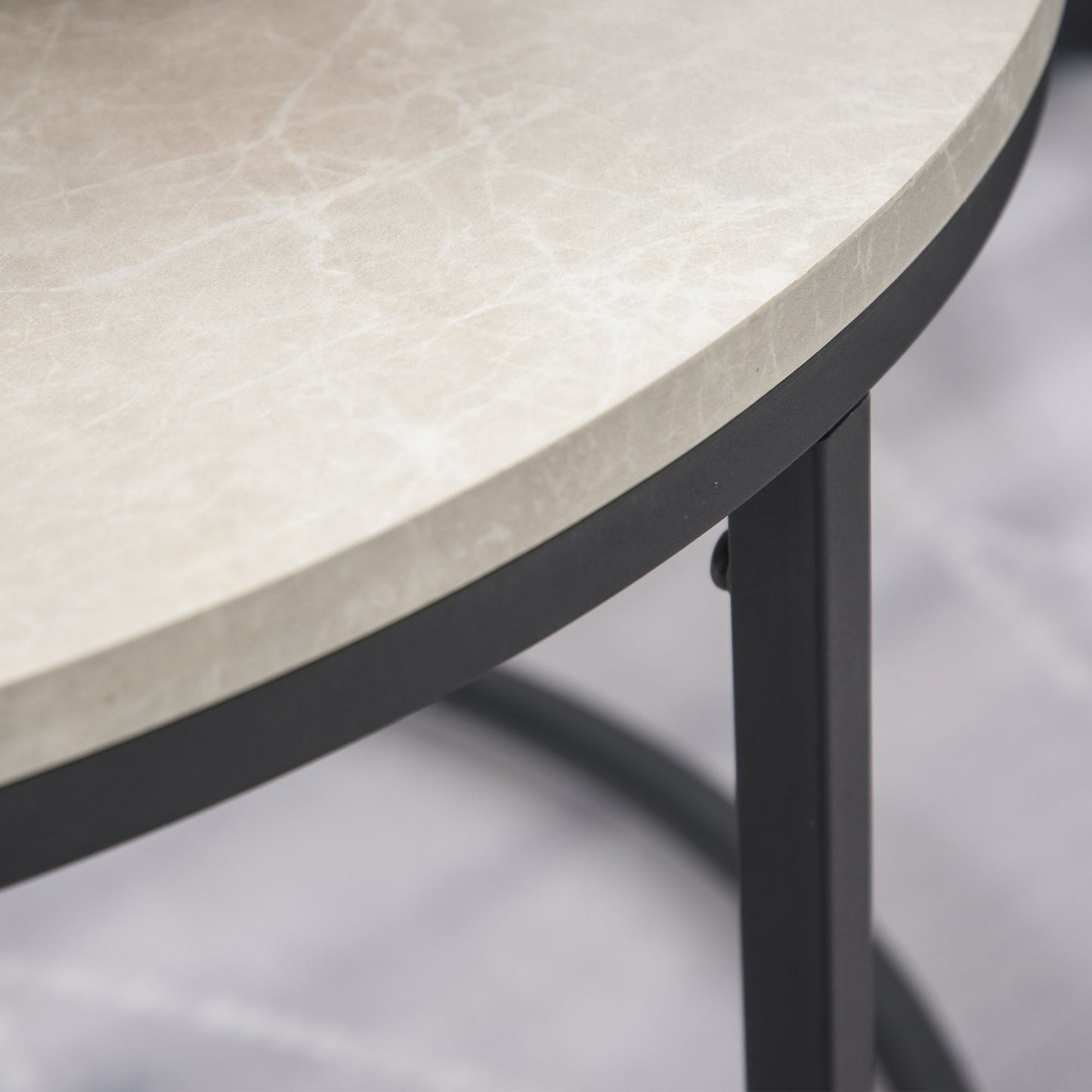 Set of 2 Round Nesting Coffee Tables in Metal and MDF with Marble Effect, Grey and Black