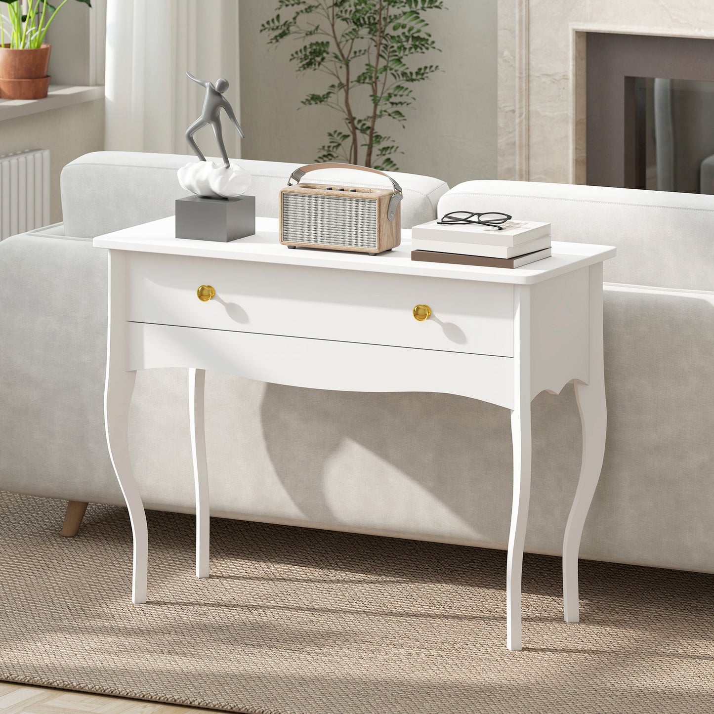 Dressing Table and Console Table for Entrance Hall with Large Wooden Drawer, 100x40x74 cm, White
