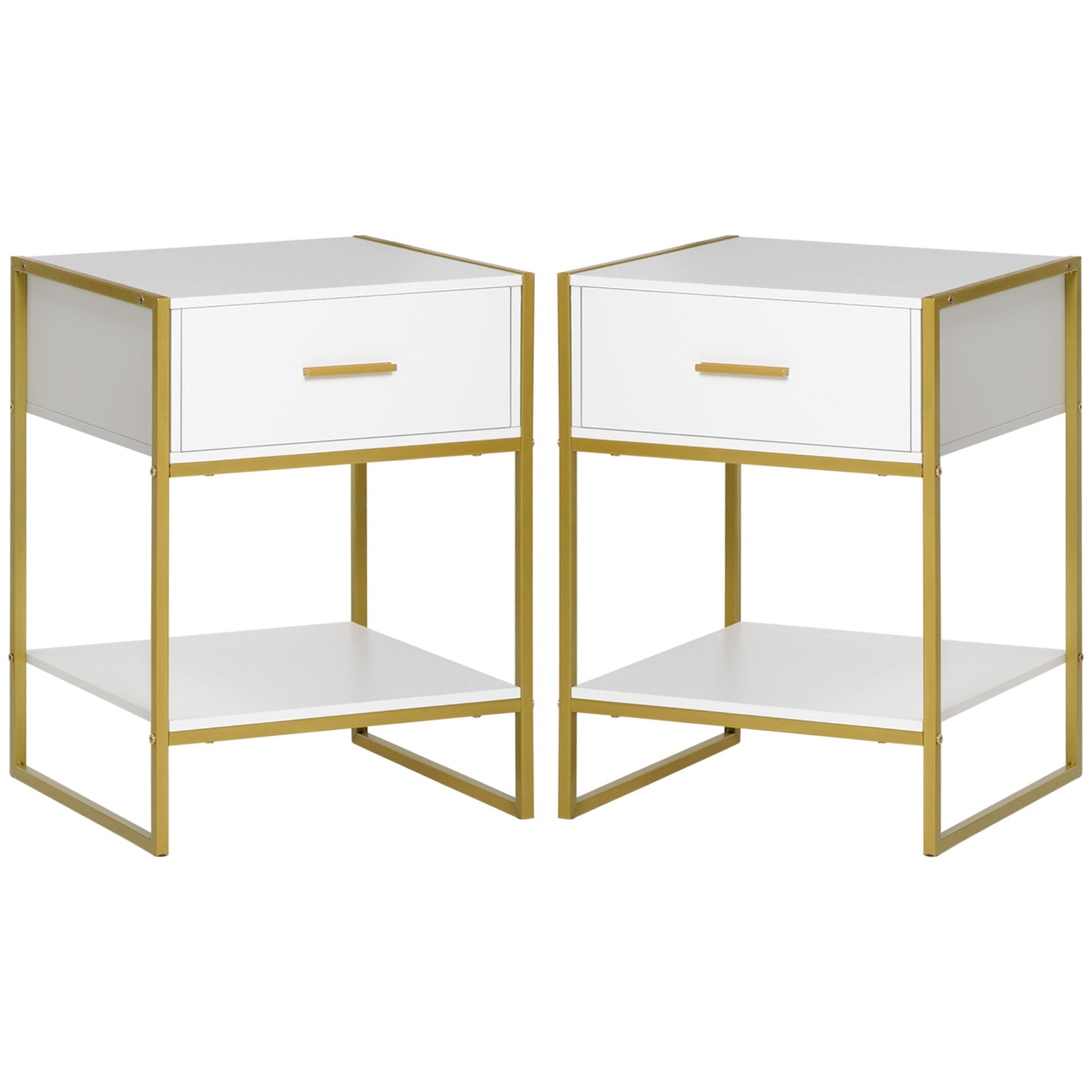 Set of 2 Modern Bedside Tables with Drawer and Open Shelf in MDF and Steel, 45x40x60cm, White and Gold