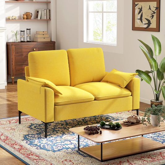 Modern 2-Seater Sofa with Cushions and Terry Fabric Upholstery, 130x77x84 cm, Yellow