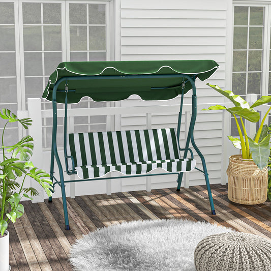 3-Seater Swing with Adjustable Canopy and Cushions, in Steel and Polyester, 170x110x153 cm, Green and White