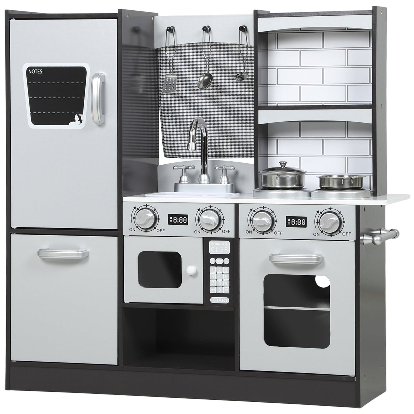 Wooden Toy Kitchen for Kids Ages 3-8 with Accessories, Fridge, Sink and Knobs with Sounds, Brown