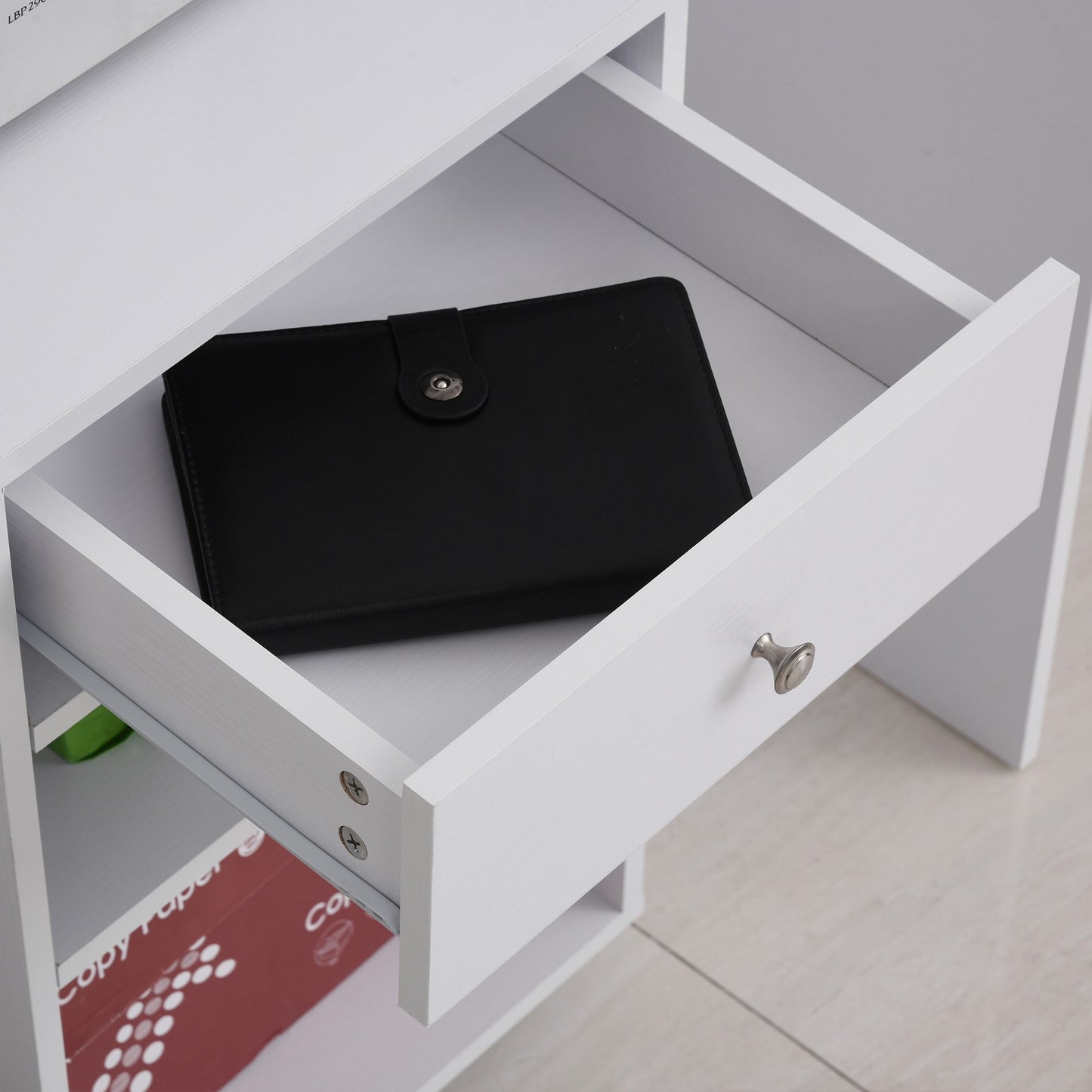 Wooden Printer Cabinet with 4 Wheels, Adjustable Shelf and CPU Tray, White