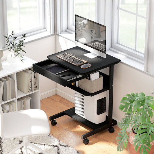 PC Desk with Sliding Drawer, 2 Shelves and 4 Wheels, in Wood and Metal, 56x51x79 cm, Black