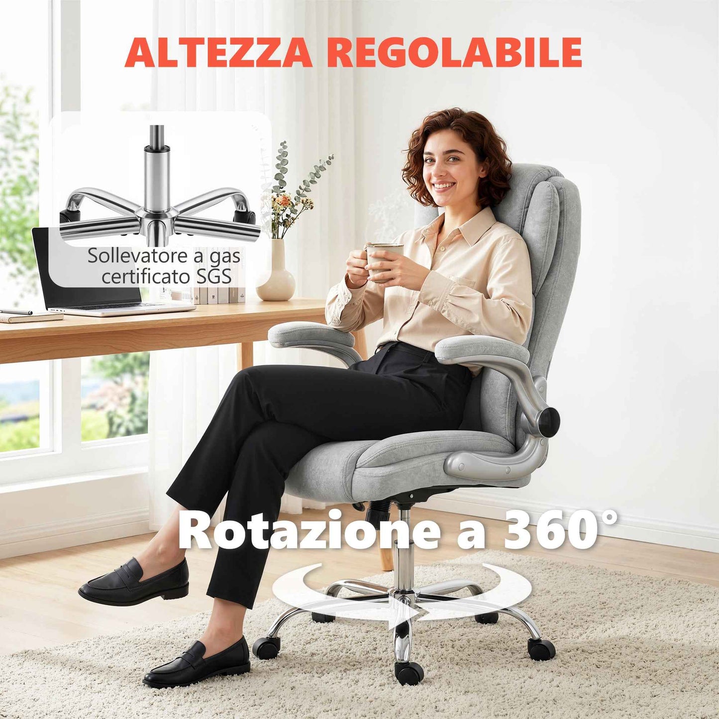 Ergonomic Chair, High Back, Printed Velvet, Foldable Armrests, Cream White