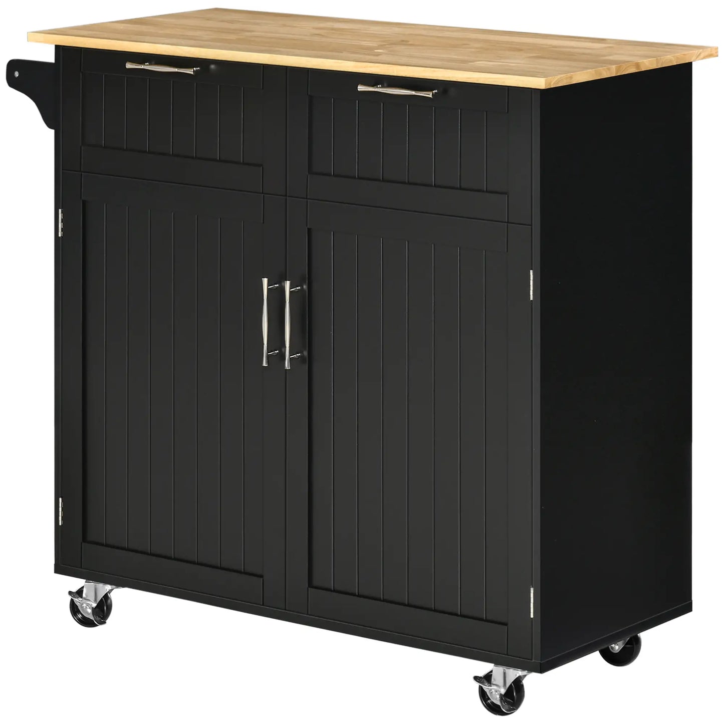 Multipurpose Wooden Kitchen Cart with 2 Drawers, Cabinet and 4 Wheels, 104x46x91cm, Black