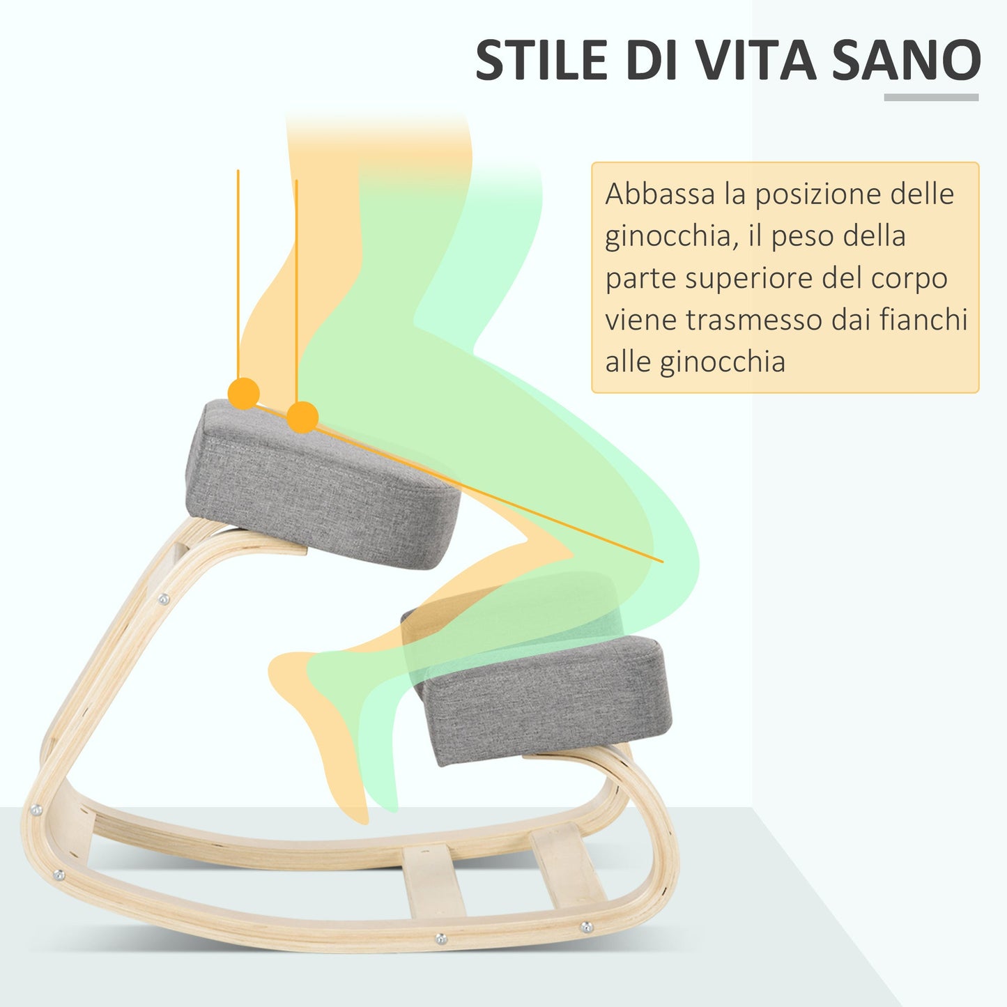 Ergonomic Chair with Kneeler in Birch Wood and Padded Cushion, 51x69x58 cm, Grey