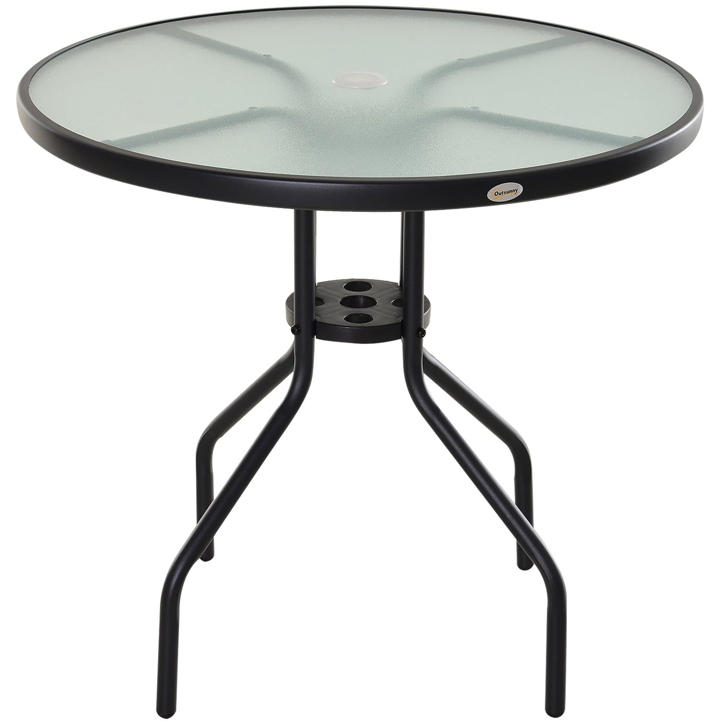 Garden Table with Tempered Glass Top and Steel Umbrella Hole Ф80 x 72 cm Black