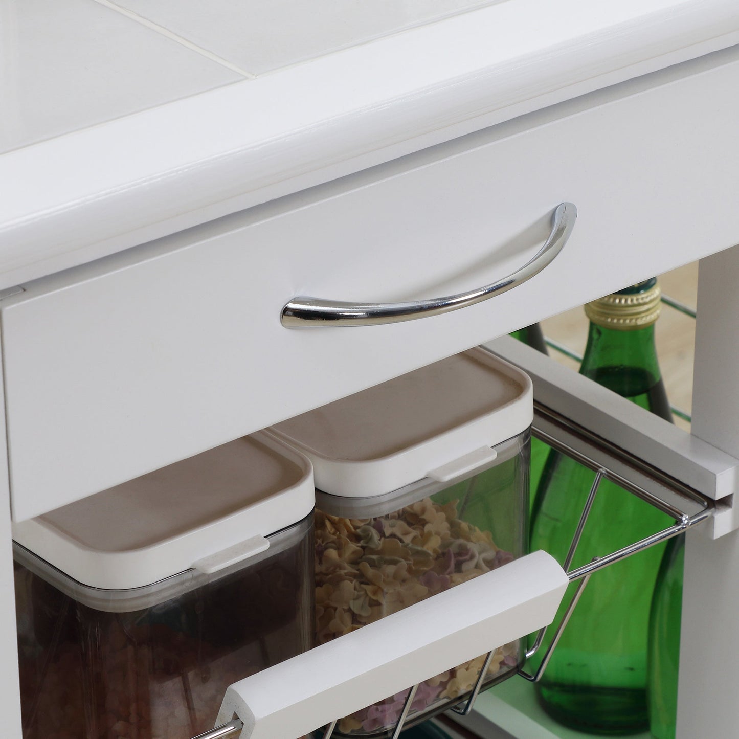 Kitchen Trolley with Drawer, 4 Baskets and 4 Shelves, in Metal, Ceramic and Wood, 57x37x83 cm, White