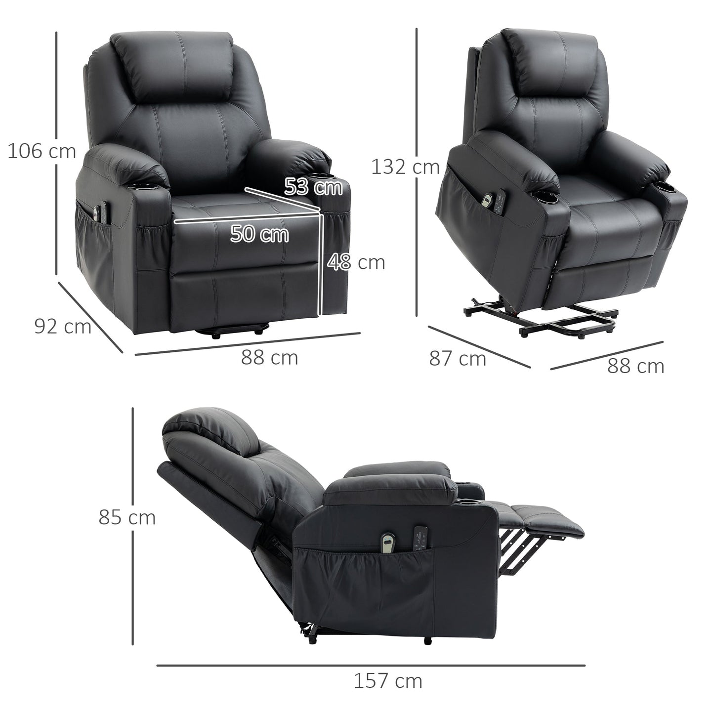 Ultimate Comfort: Reclining Lift Chair with 8 Massage Points & Footrest - Black (88x92x106 cm)