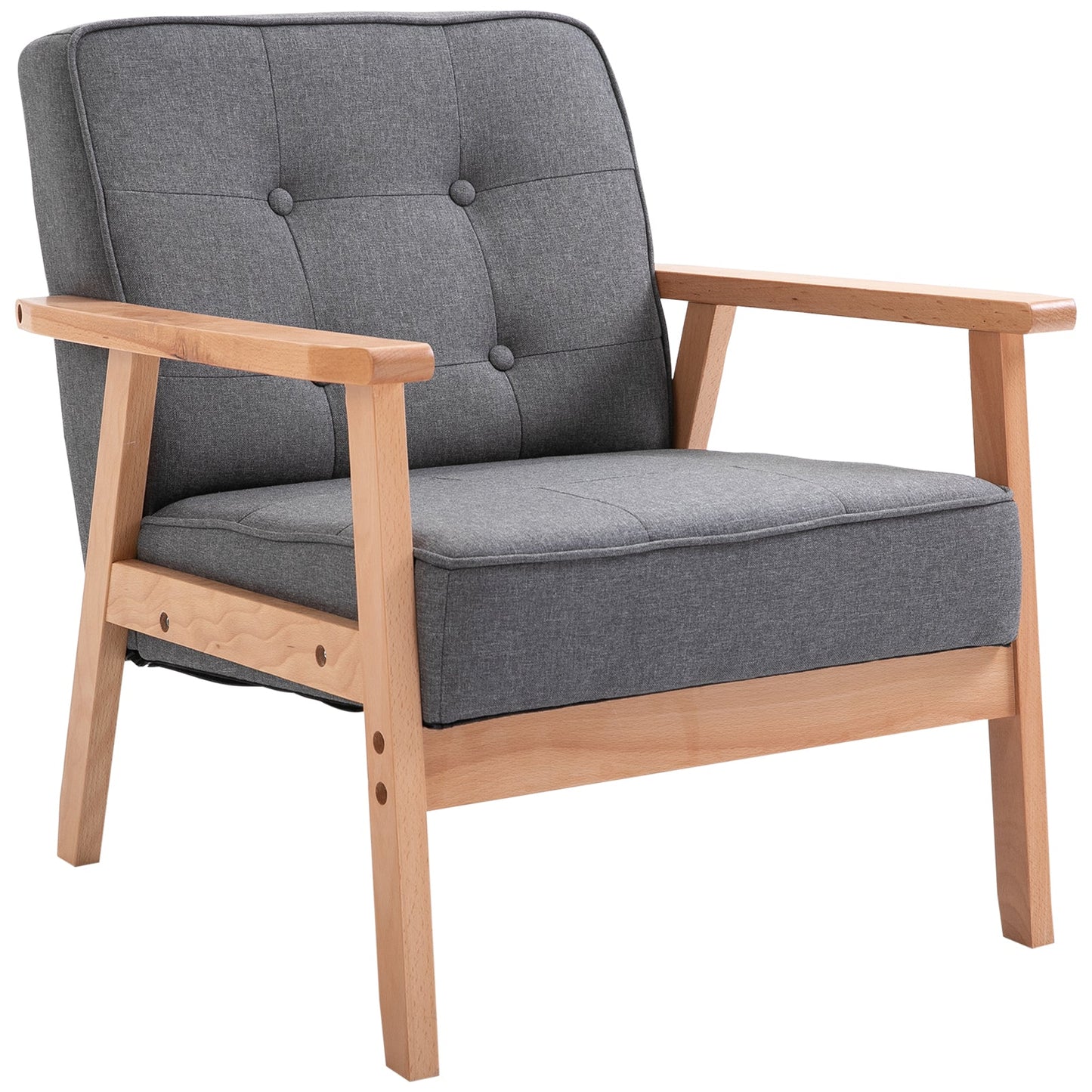 Scandinavian Style Padded and Quilted Armchair with Buttons in Fabric and Wood, 64.5x70x74cm, Grey