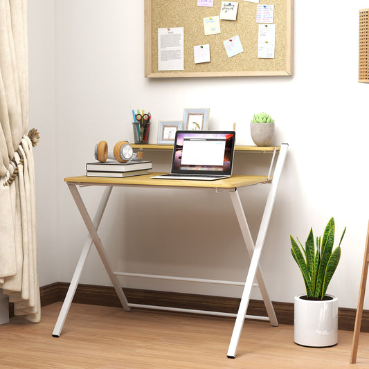 Folding Desk with Raised Shelf and X-Legs, in Wood and Steel, 86x66x82 cm, White and Wood Colour