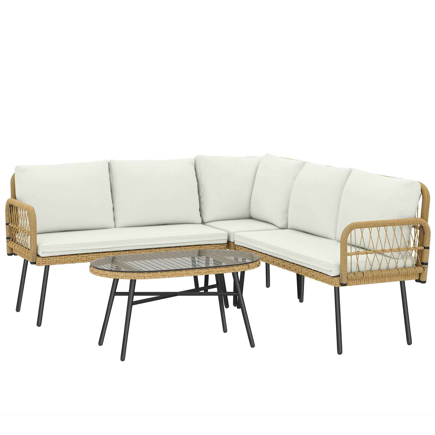 4-Piece Garden Lounge Set with 2 Two-Seater Sofas, Corner Sofa and Coffee Table, Steel and Rattan, Wood and Cream