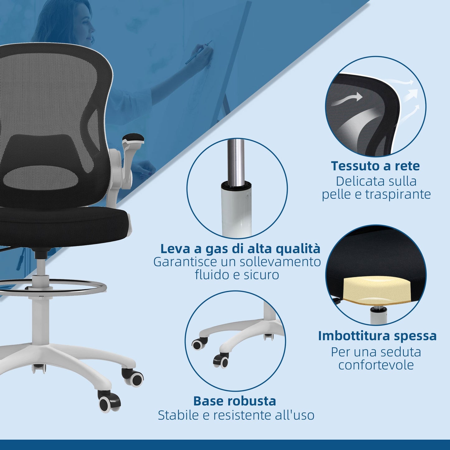 Ergonomic Office Chair in Breathable Fabric with Adjustable Height and Folding Armrests, 59x65x110-130 cm