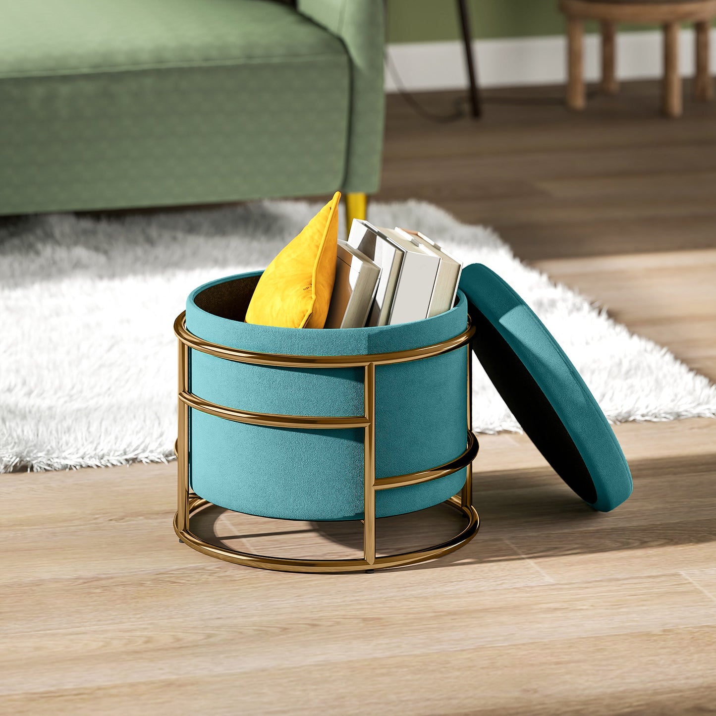 Round Velvet Storage Ottoman with 24L Compartment and Removable Lid, Ø42x39 cm, Green