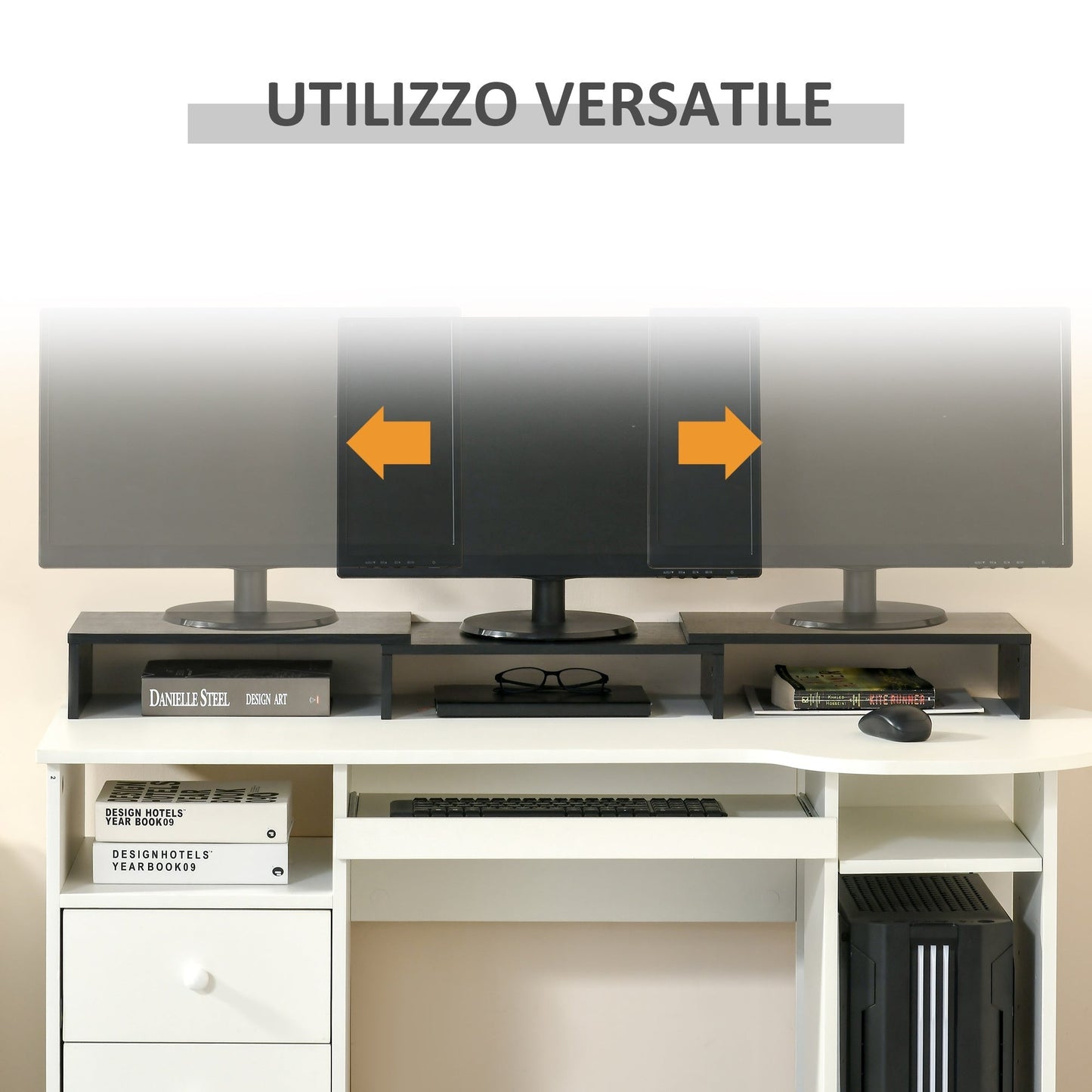 MDF monitor support with length and angle adjustable laptop, PC, printers and TV, 80-117x23.5x10cm, black