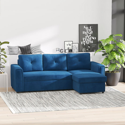 ALEA | 3 Seater Velvet Effect Corner Sofa Bed and Chaise with Storage, 232x141x85cm, Blue