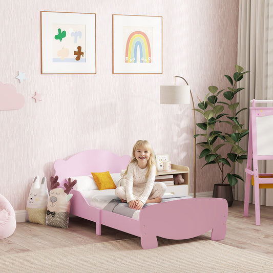 Baby Bed with Bear Headboard and Footboard and 2 Side Rails, Wooden, 143.5x80x55 cm, Pink