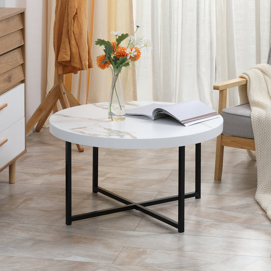 Round Coffee Table with Marble Effect MDF Top and Metal Legs, Φ80x45 cm, White