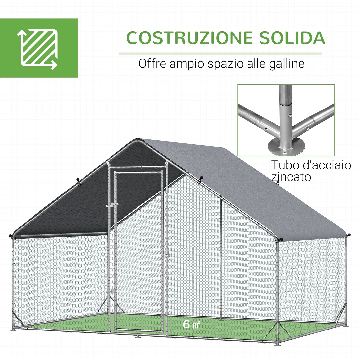 Garden chicken coop with galvanized frame, waterproof coverage and hexagonal network, 3x2x2m, silver