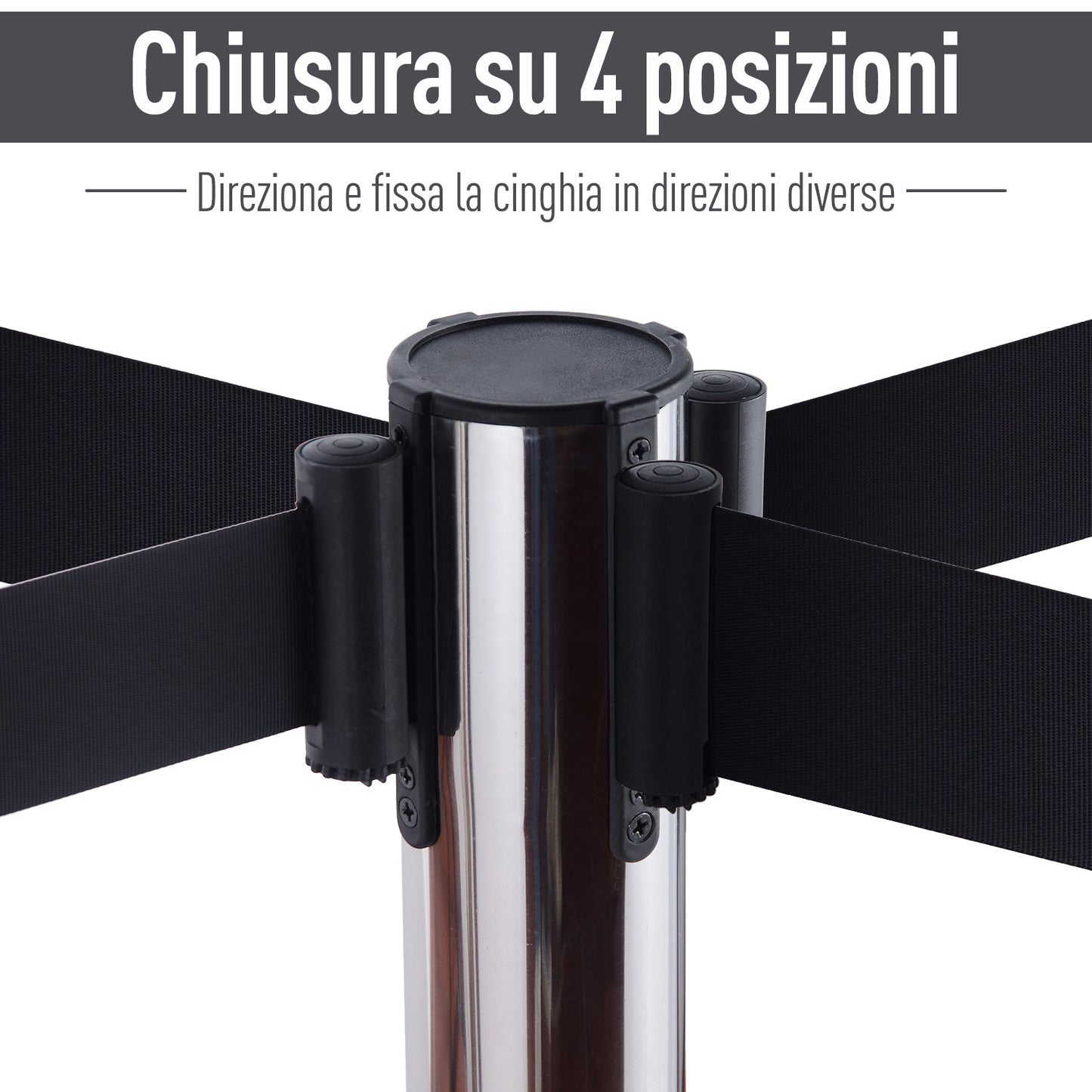 Silver Retractable Bollards | with black ribbon of 2m in Stainless Steel and Nylon | ф32x90cm