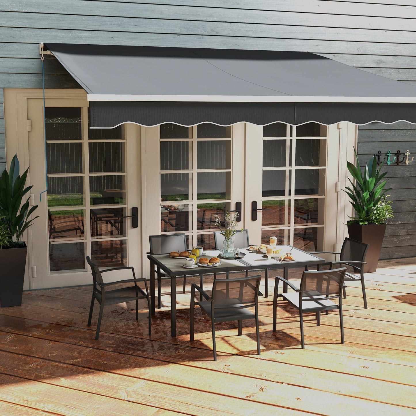 Garden Set with 6 Stackable Mesh Fabric Chairs and Wood Effect Table, Grey