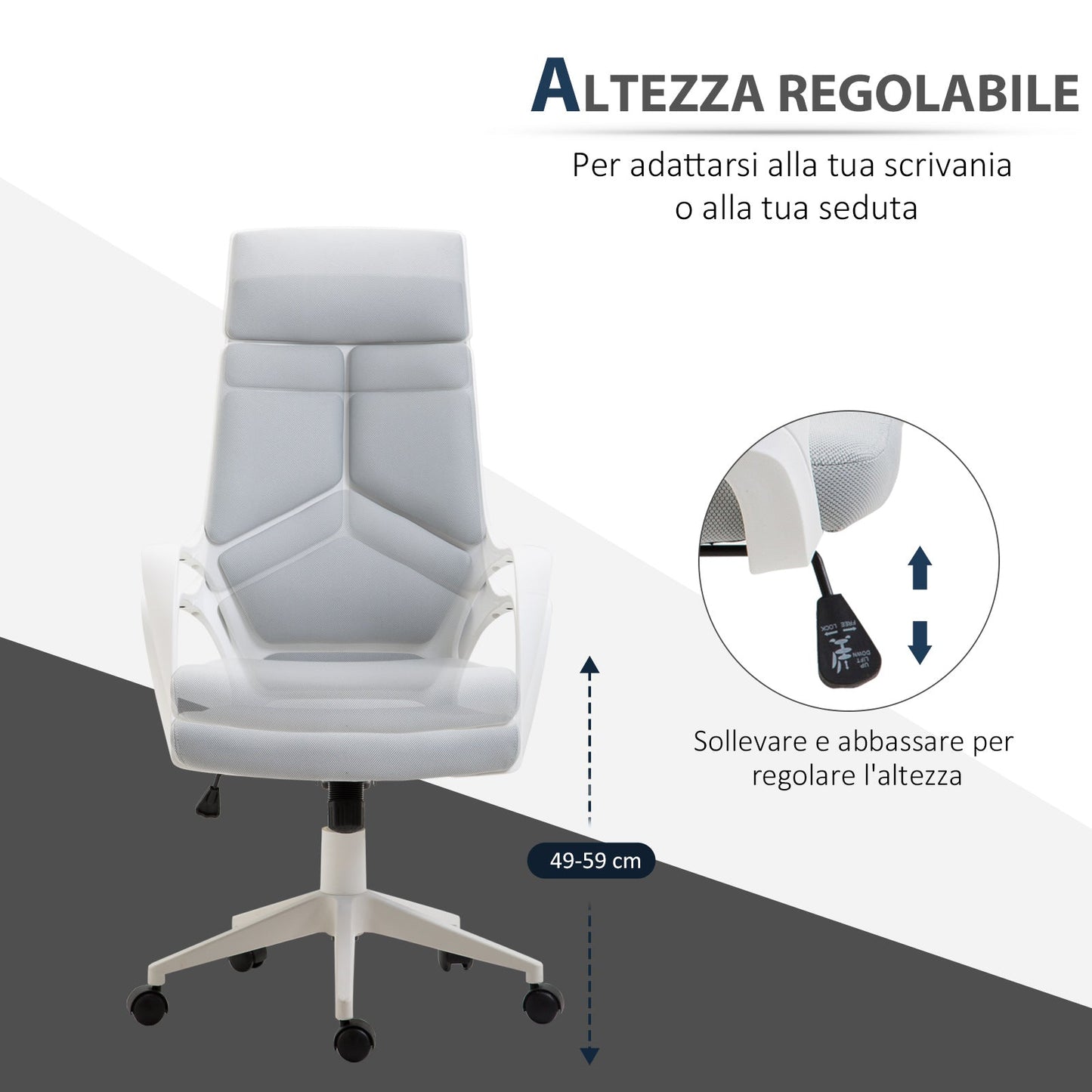 Office Chair with Rocking Function, Adjustable and Swivel Fabric Presidential Chair, 63x63x117-127 cm, Grey