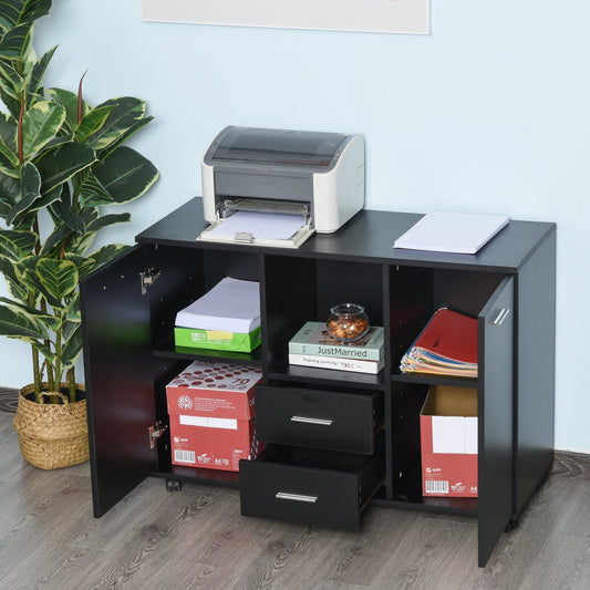 Multifunctional Office Cabinet with 360° Wheels, for Printers and Files, in Black Wood 100x40x71cm