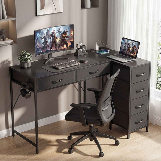 Corner Desk with 6 Drawers, Side Hook and Integrated Sockets, Wood and Steel, 126x48x80 cm, Black