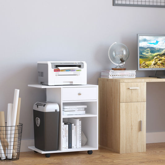 Wooden Printer Cabinet with 4 Wheels, Adjustable Shelf and CPU Tray, White