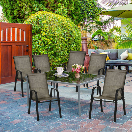 Garden Chairs Set of 6, Stackable Outdoor Chairs in Metal and Breathable Fabric, Brown