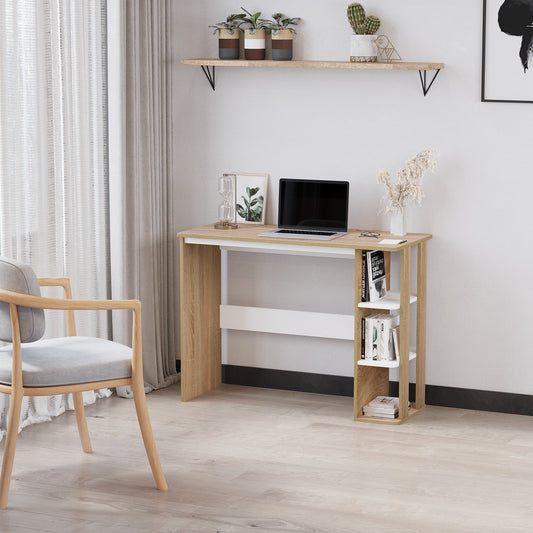 Modern Wooden Desk with 3-Tier Bookshelf, 100x44x74cm, White and Oak
